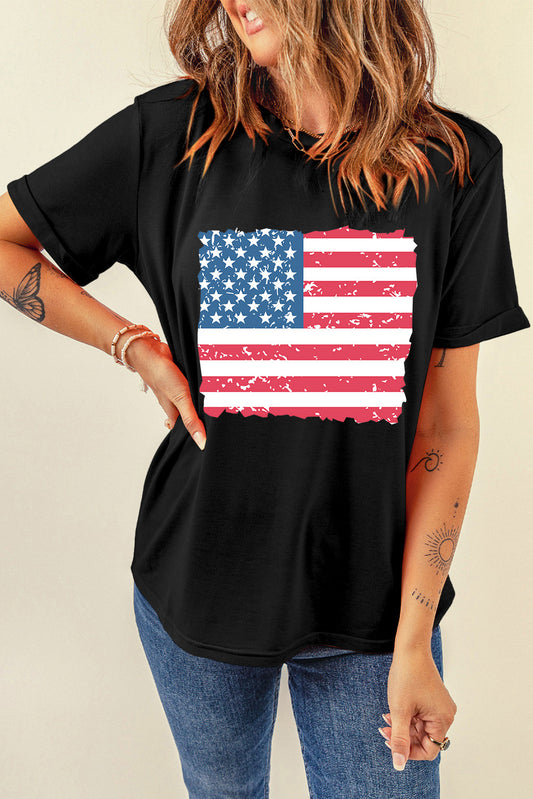 Frayed American Flag Printed Crewneck T Shirt