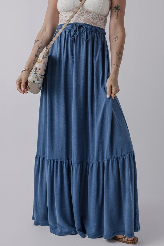 Solid Color Lace up High Waist Tiered Maxi Skirt