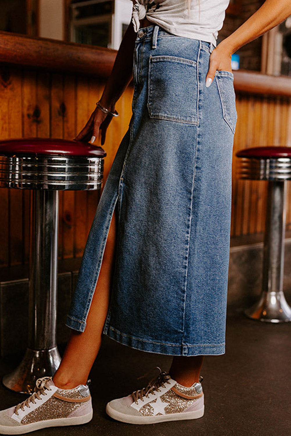 4 Patch Pockets Front Slit Midi Denim Skirt