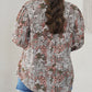 Plus Size Printed Long Sleeve Drawstring V Neck Blouse