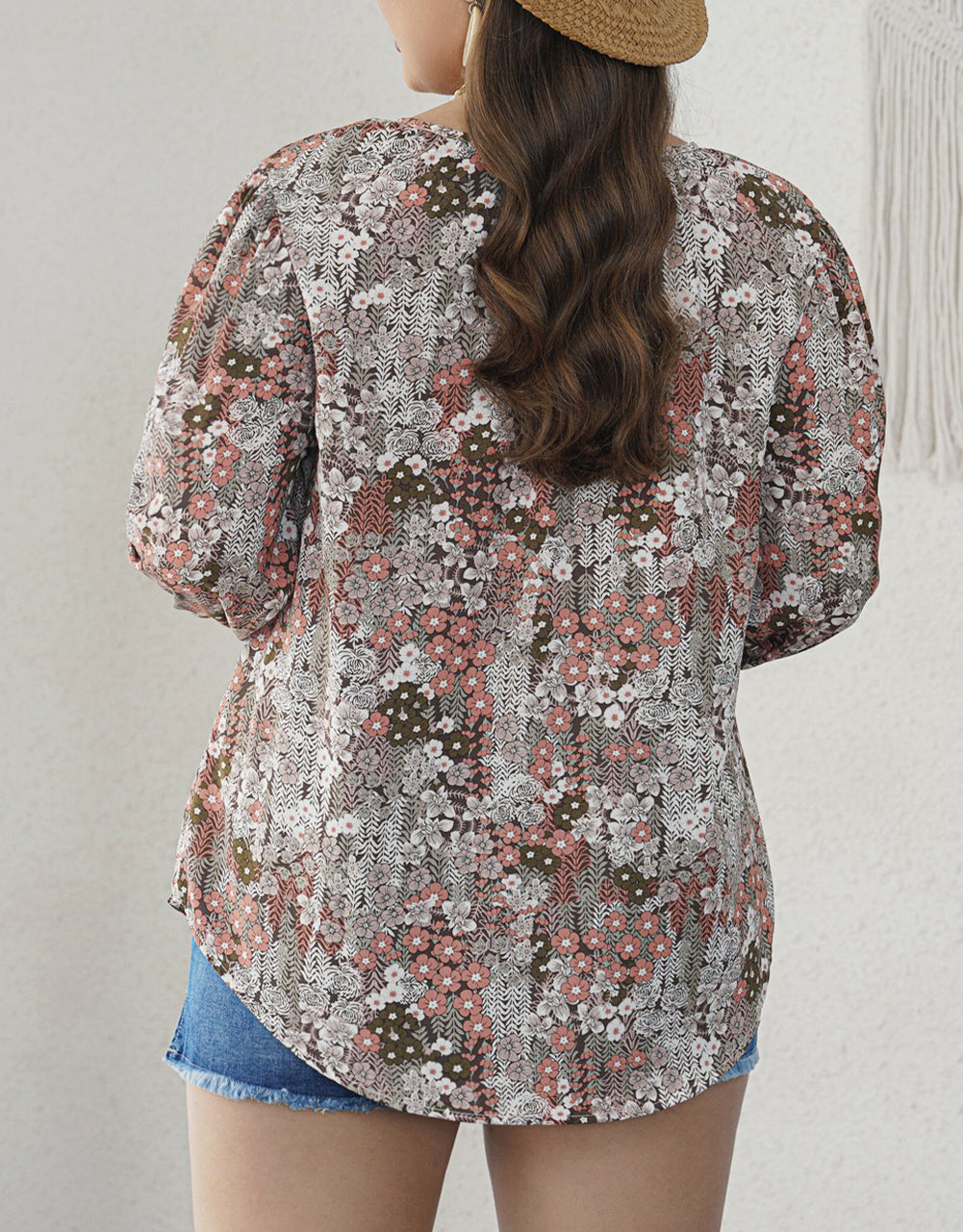 Plus Size Printed Long Sleeve Drawstring V Neck Blouse