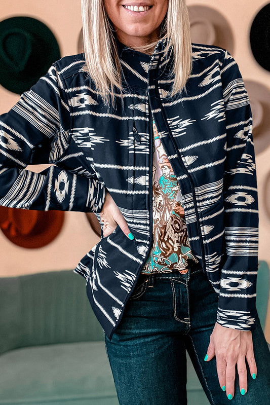 Western Aztec Print Zipped Jacket