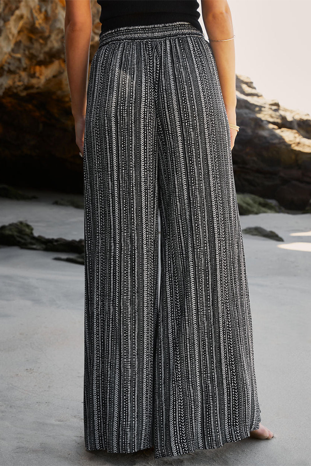 Striped Printed Slit Wide Leg High Waist Pants