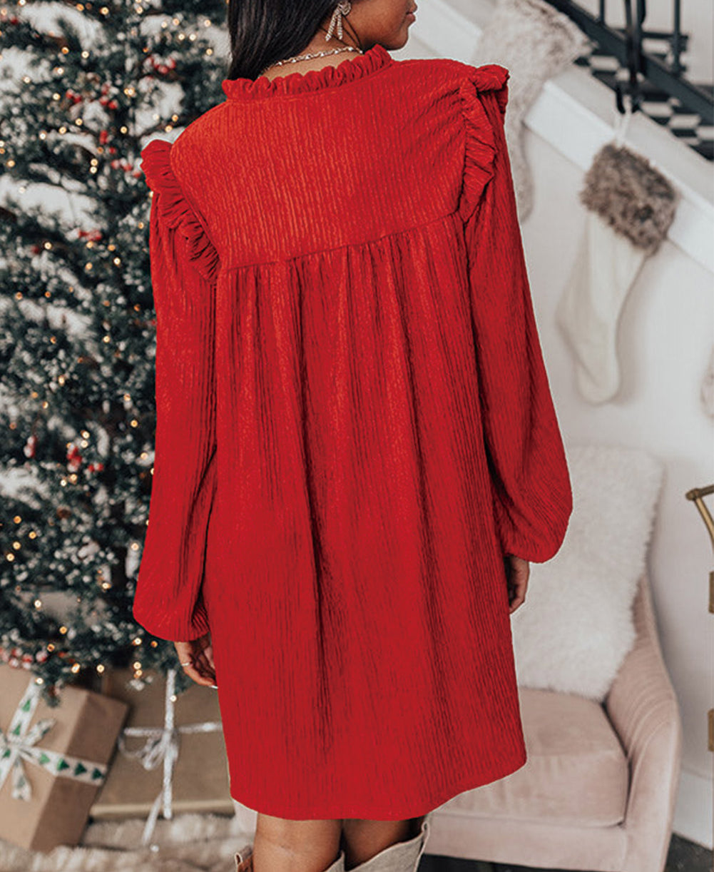 Textured Ruffled Trim V Neck Loose Fit Mini Dress