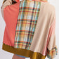 Waffle Knit Plaid Patchwork Side Slits Loose Sweatshirt