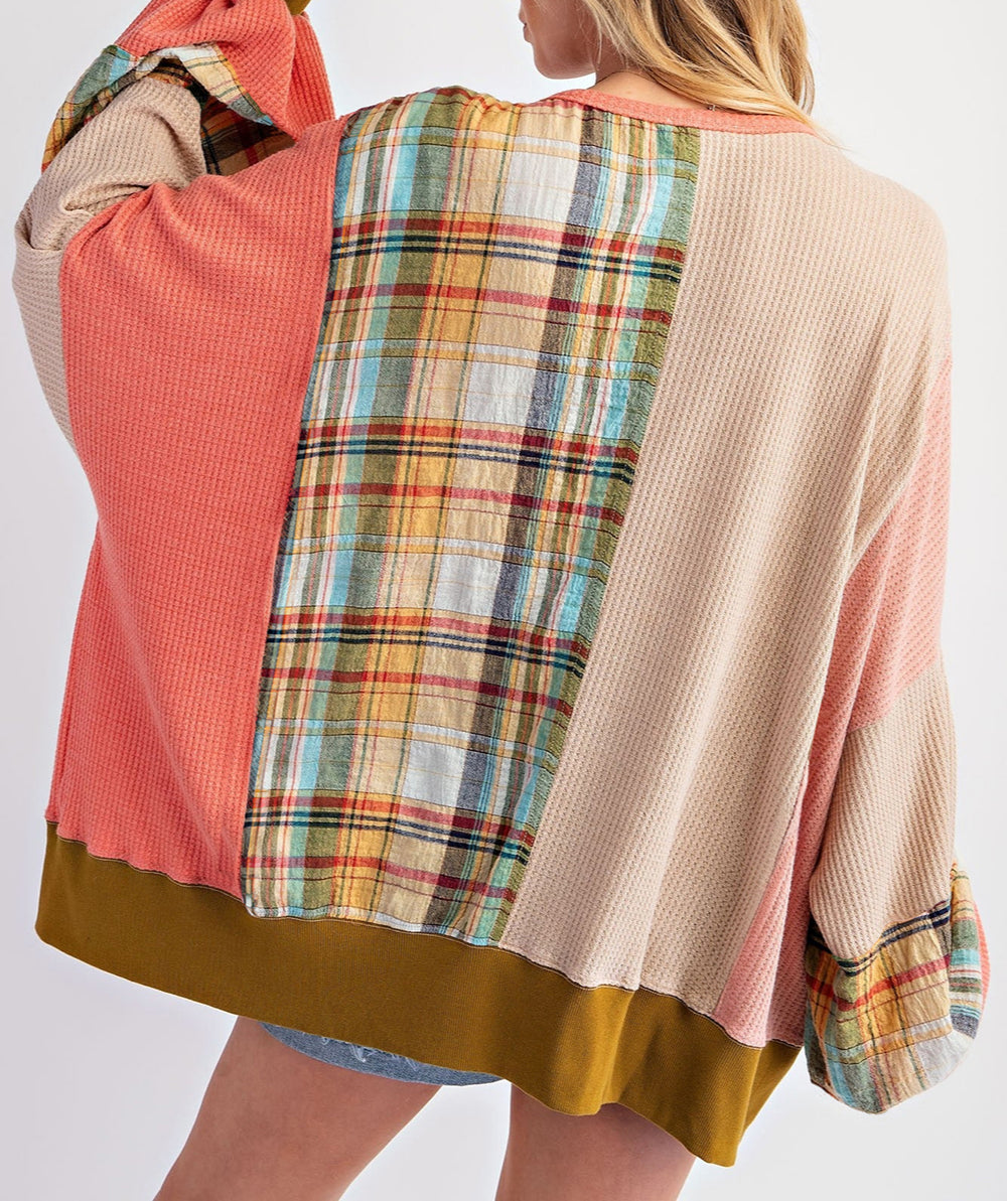 Waffle Knit Plaid Patchwork Side Slits Loose Sweatshirt