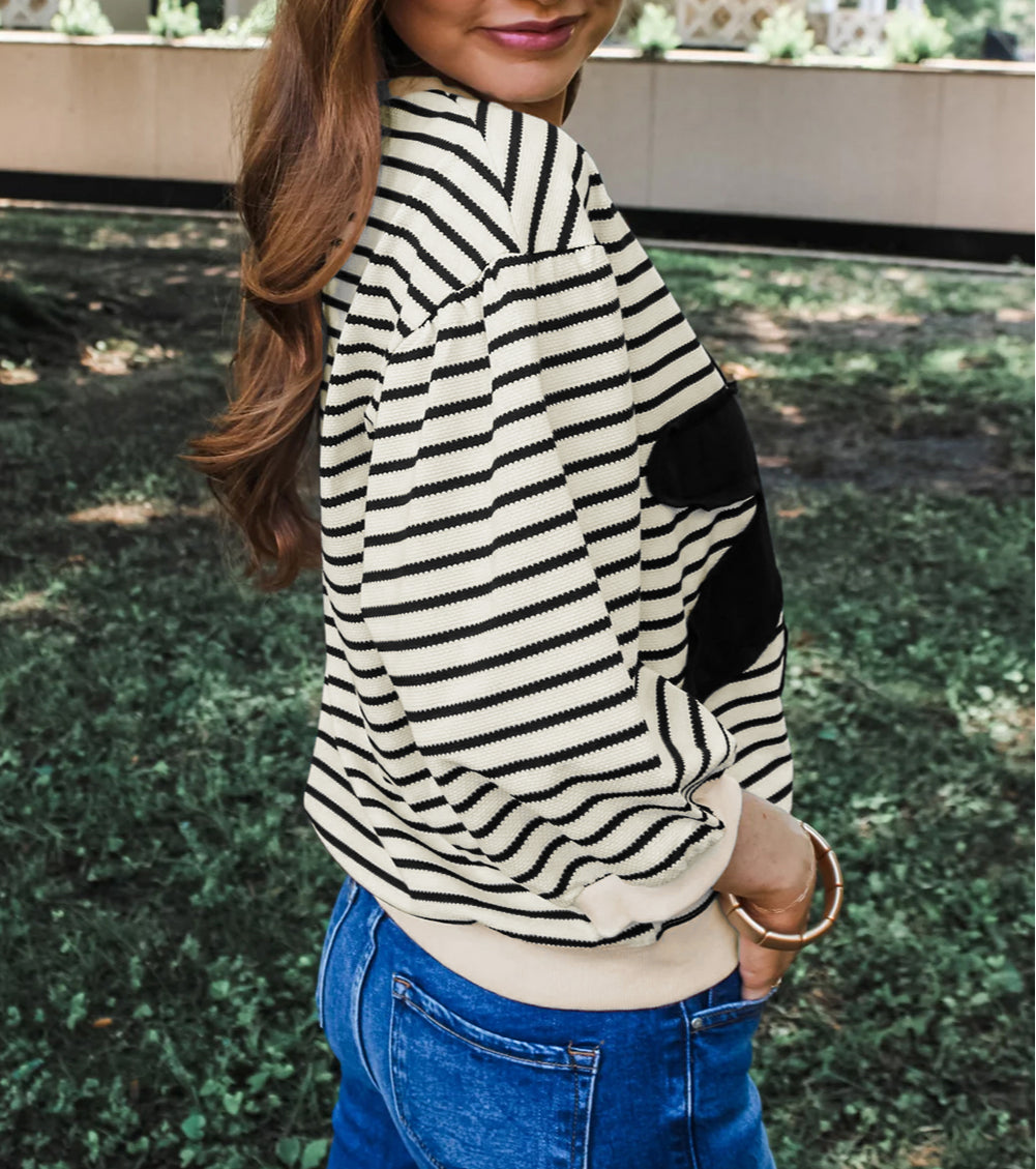 Striped Big Flower Patched 3/4 Sleeve Top