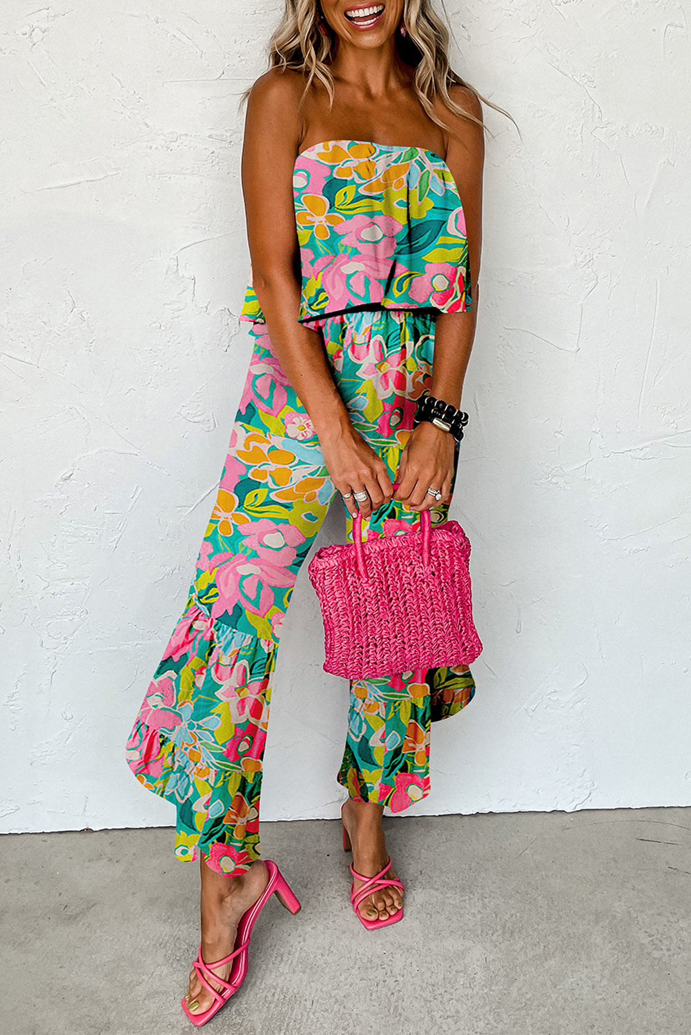 Mix Tropical Print Strapless Ruffled Jumpsuit