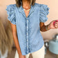 Button Front Ruffled Flutter Frayed Denim Top