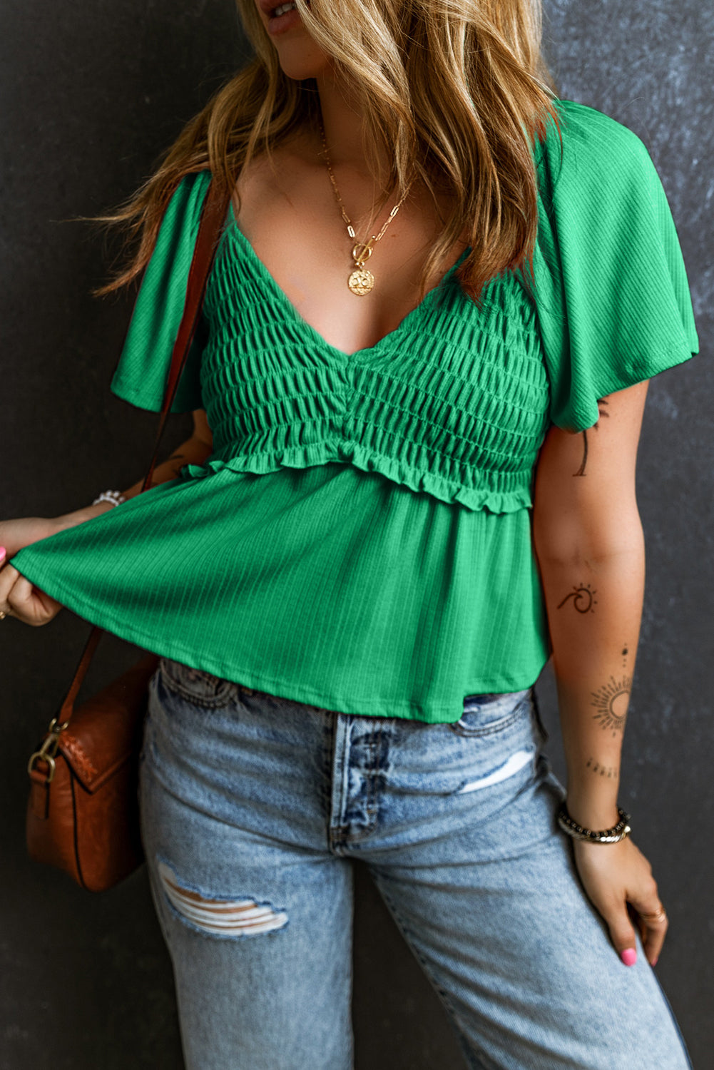 Shirred V Neck Short Flutter Sleeve Textured Blouse