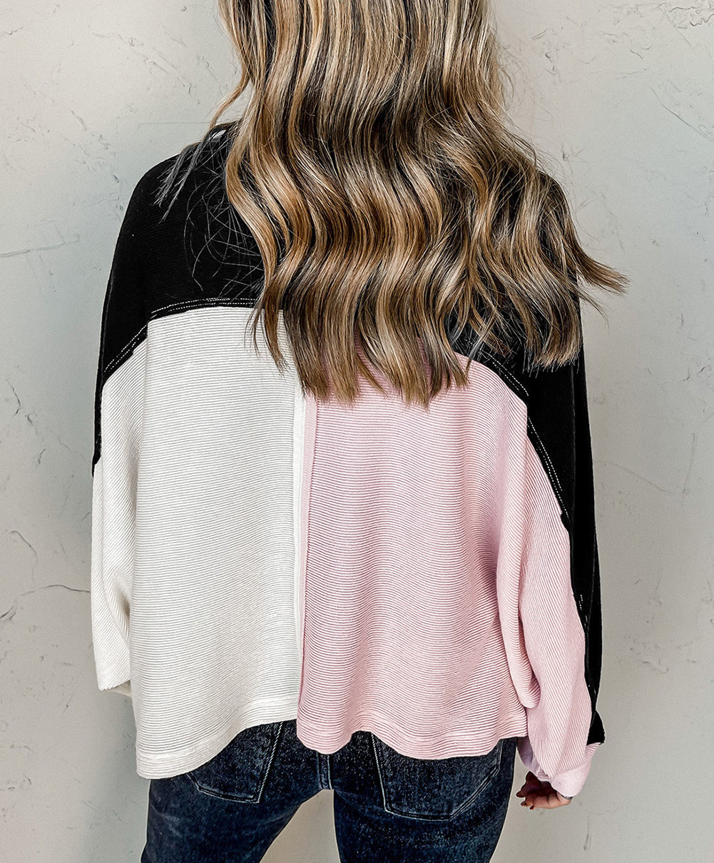 Colorblock Flap Pockets Henley Collared Top