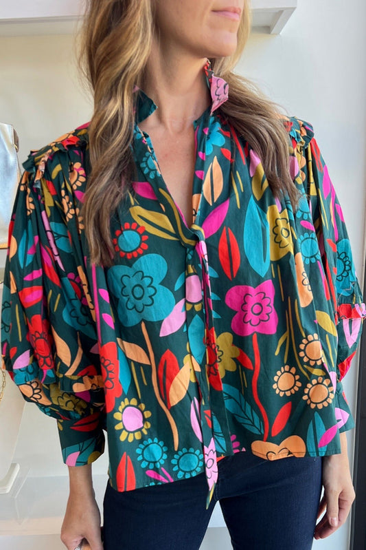 Floral Knot Split Neck Puff Sleeve Blouse