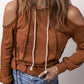 Exposed Seam Cold Shoulder Drawstring Hoodie