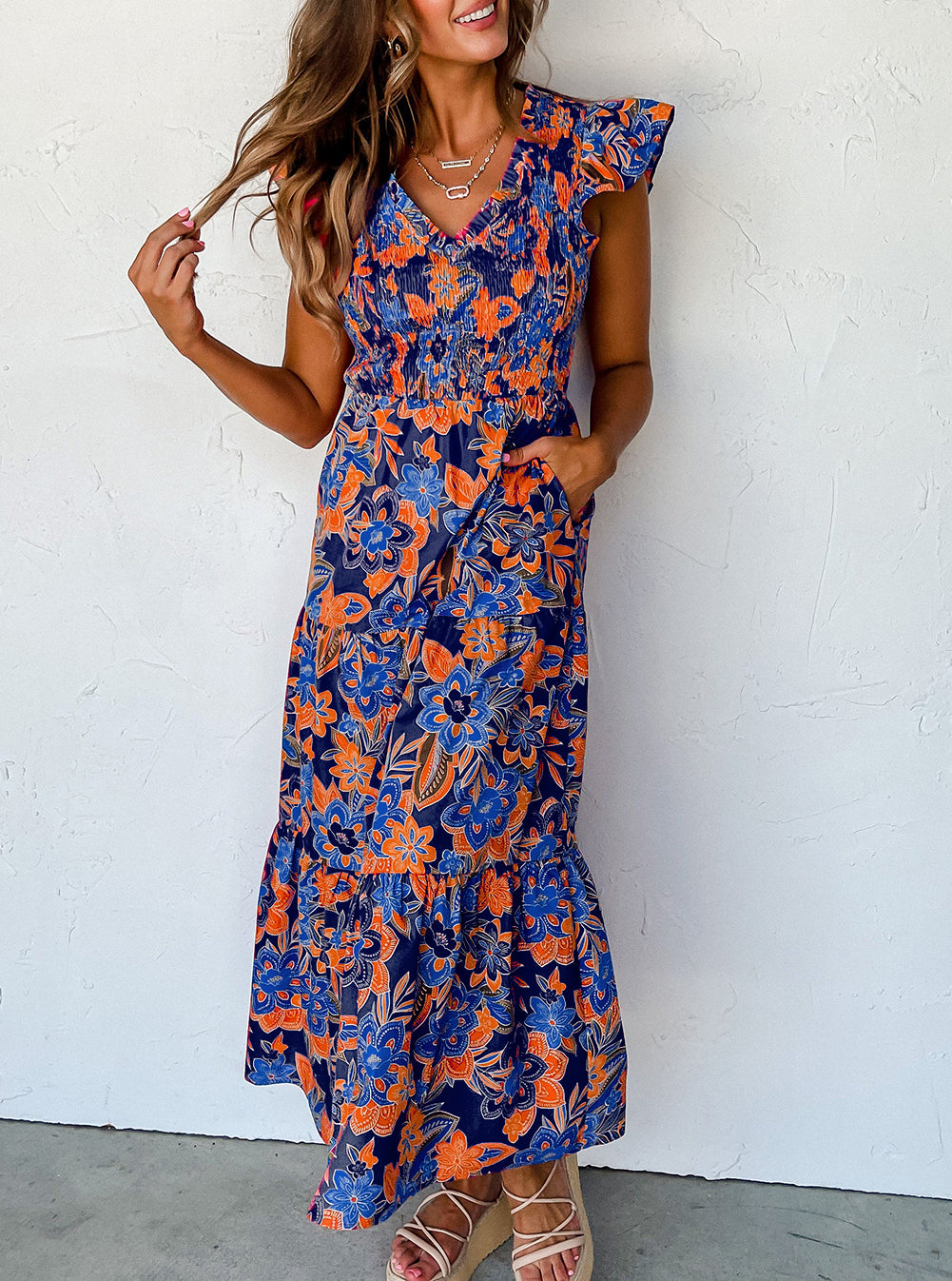 Boho Floral V Neck Ruffle Tiered Long Dress