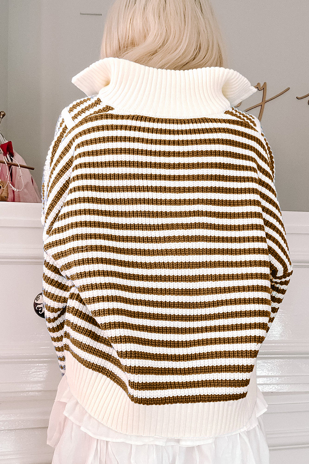 Stripe Zip up Collar Drop Shoulder Sweater