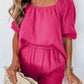 Crinkled Textured Square Neck Puff Sleeve and Shorts Set