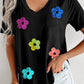 Sequined Flower Pocketed V Neck T Shirt