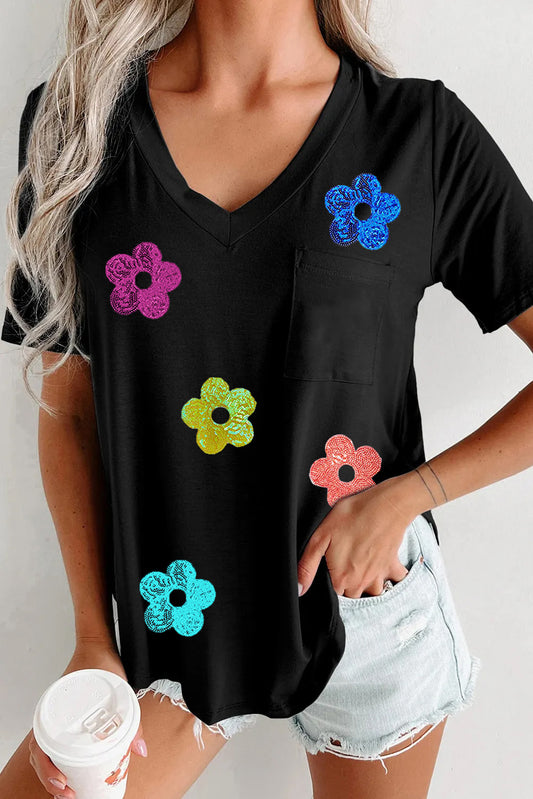 Sequined Flower Pocketed V Neck T Shirt