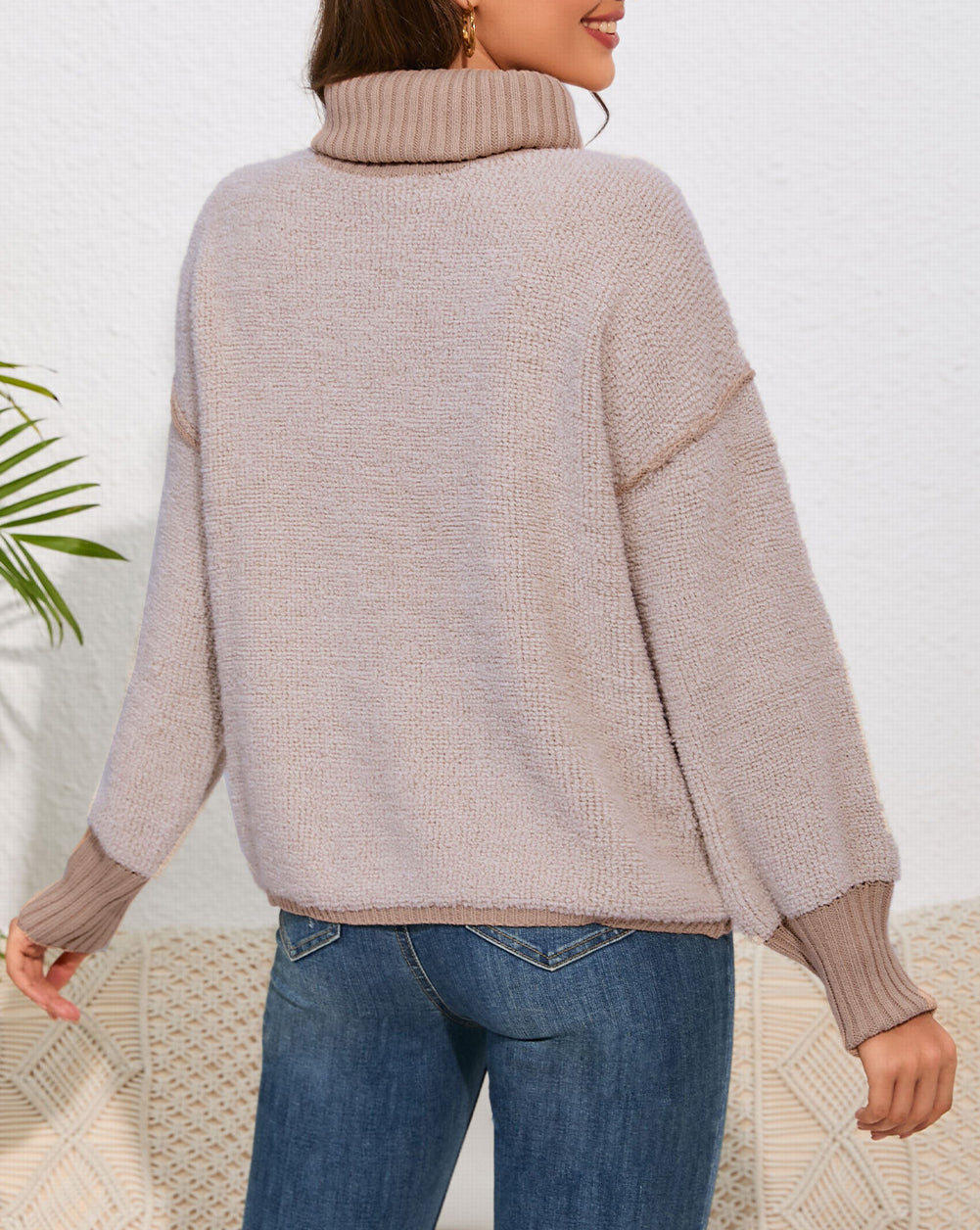 Contrast Ribbed Turtleneck Sweater