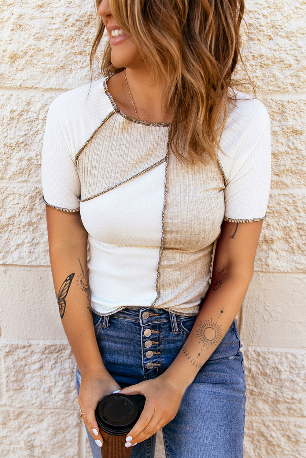 Colorblock Seamed Ribbed Slim Fit T-shirt