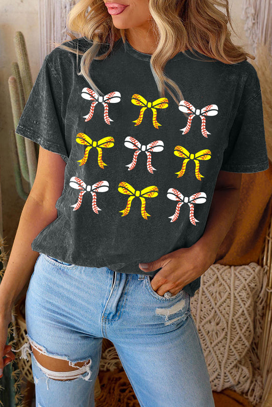 Baseball Bow Knot Mineral Wash Crew Neck T Shirt