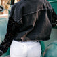 Sequin Sleeve Pocketed Raw Hem Denim Jacket