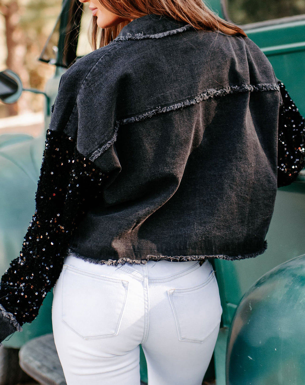 Sequin Sleeve Pocketed Raw Hem Denim Jacket