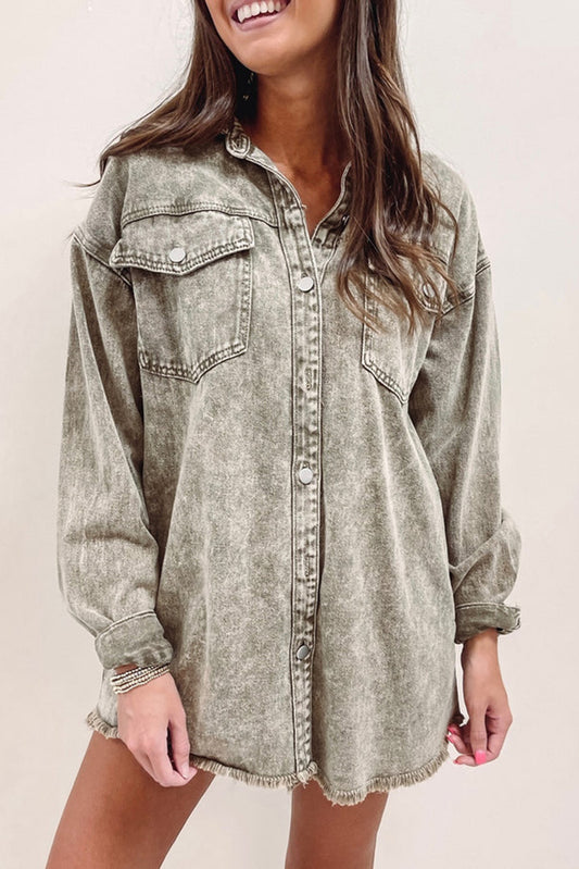 Acid Wash Flap Pocket Raw Hem Tunic Denim Jacket