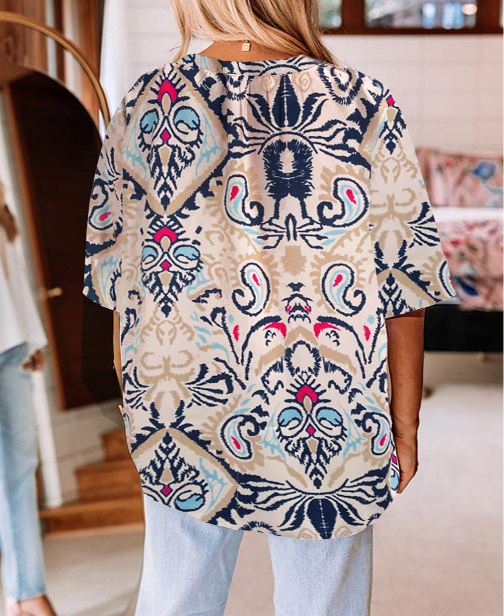 Abstract Printed Notched V Neck Split Half Sleeve Blouse