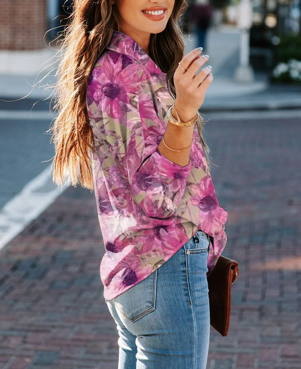 Turn-down Neck Floral Print