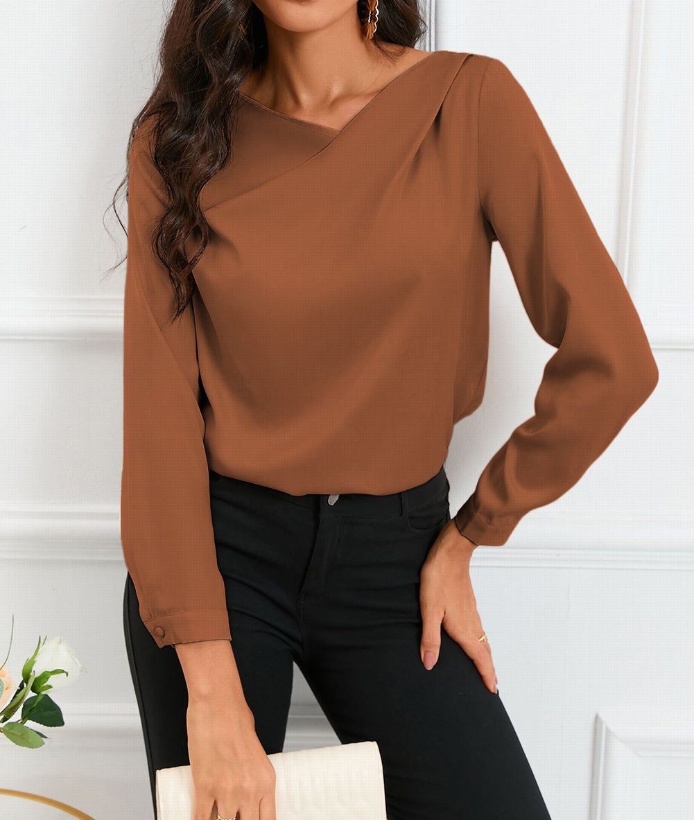 Solid Asymmetric V Neck Long Sleeve Satin Blouse