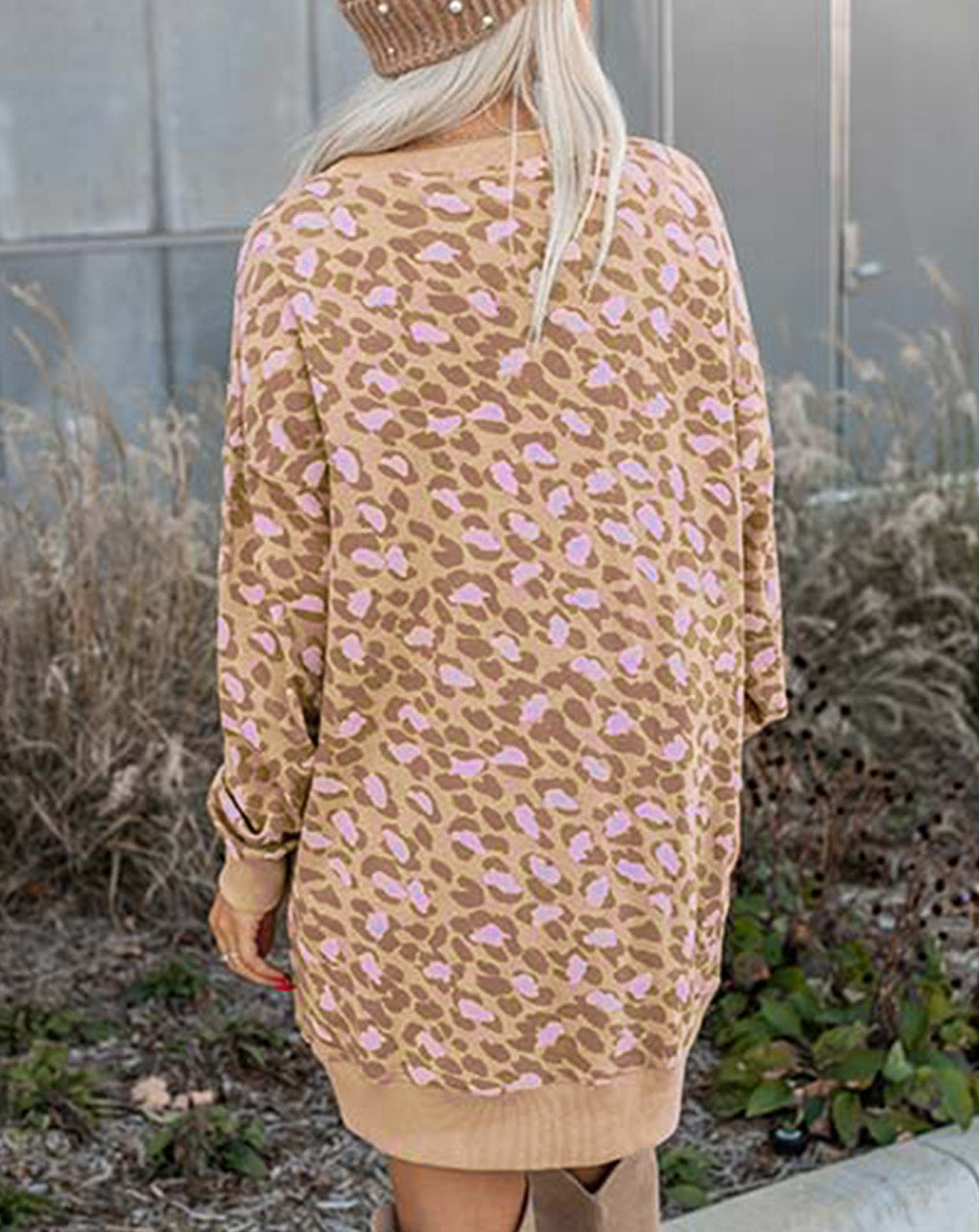 Leopard Print Side Pockets Long Sleeve Mini Dress