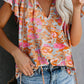 Split V Neck Flutter Sleeve Flower Blouse