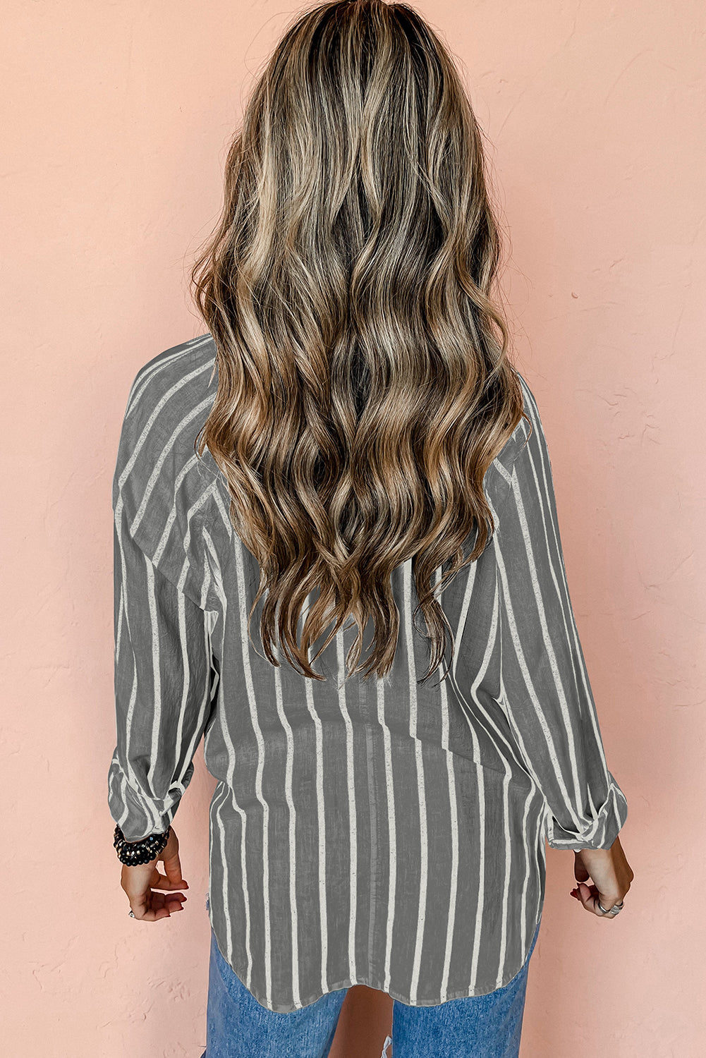 Stripe Chest Pocket Buttoned Oversized Shirt