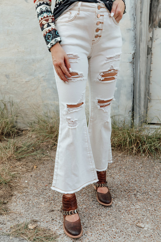 Light Washed Distressed Slits Button Fly Flare Jeans