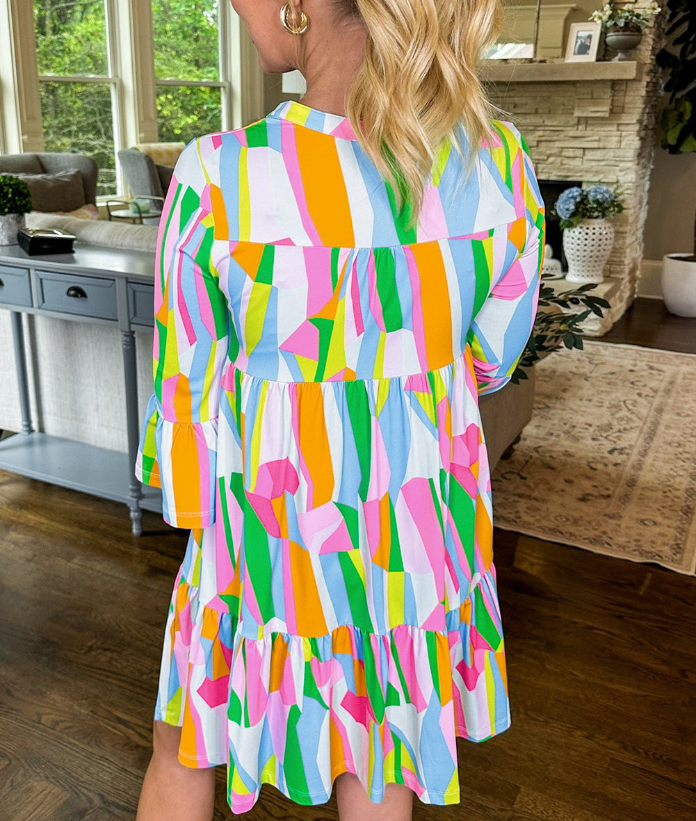 Abstract Print Ruffled Sleeve V Neck Dress