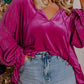 Plus Size Ruffled Sleeve V Neck Velvet Blouse