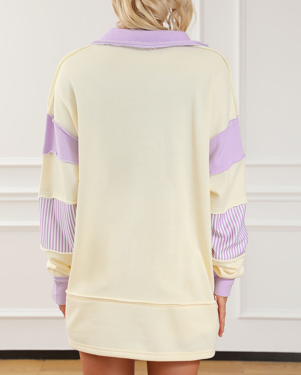 Colorblock Striped Split Neck Collared Sweatshirt