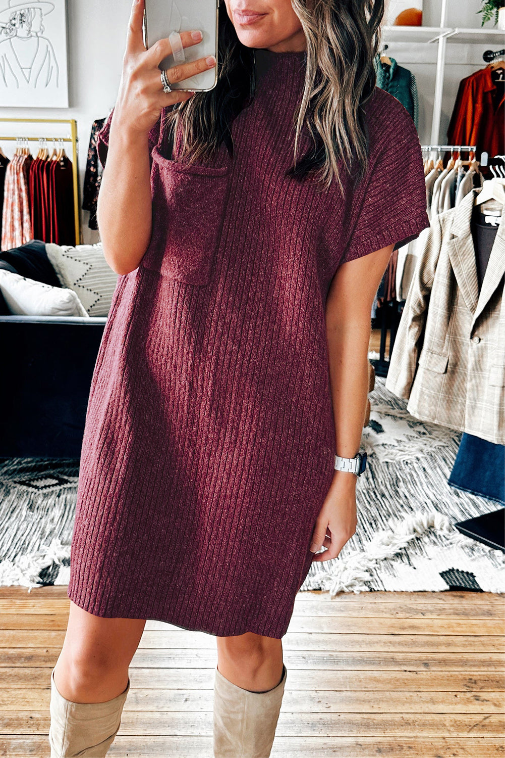 Knit Short Sleeve Sweater Dress