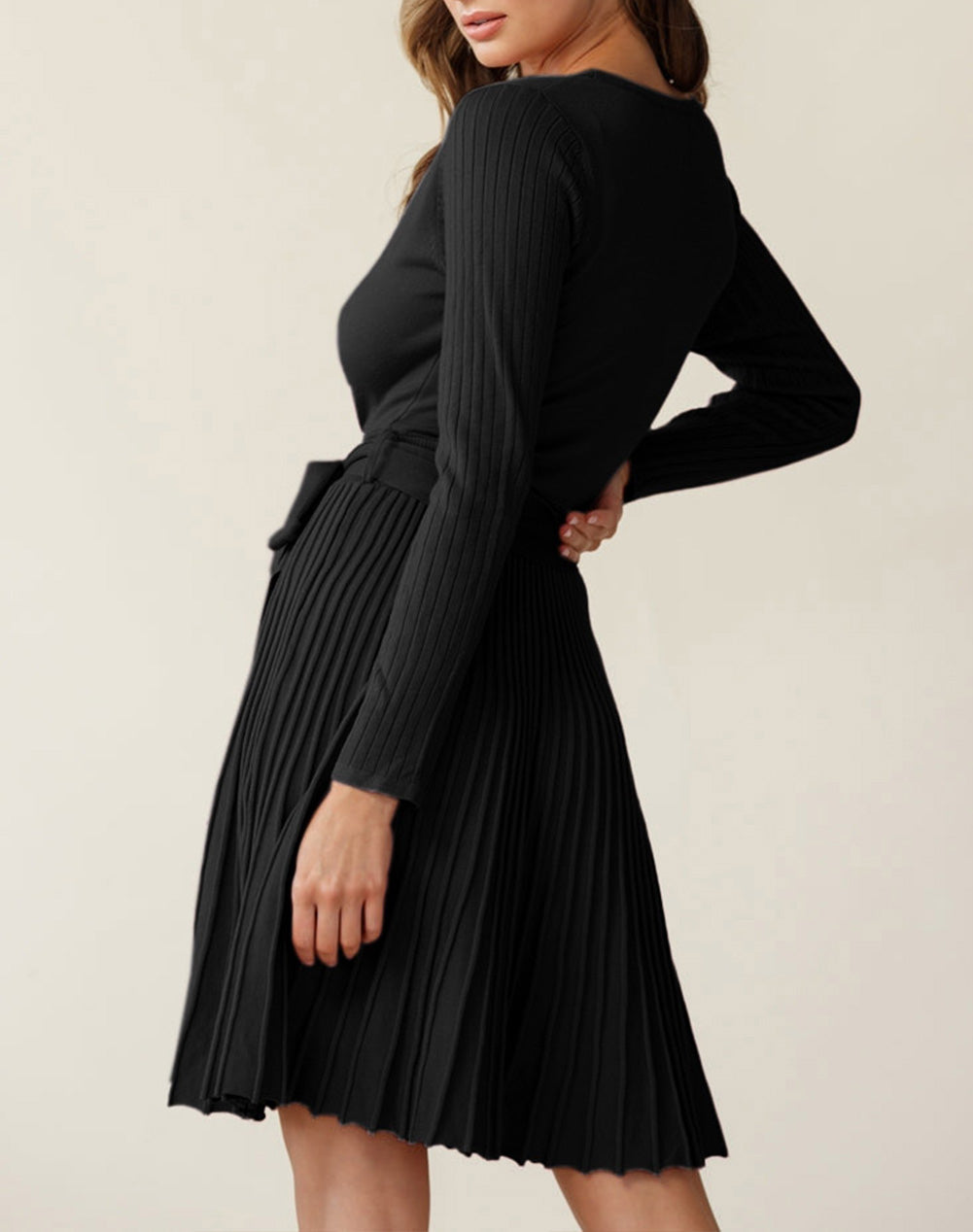 Belted V Neck Ribbed Pleated Sweater Dress