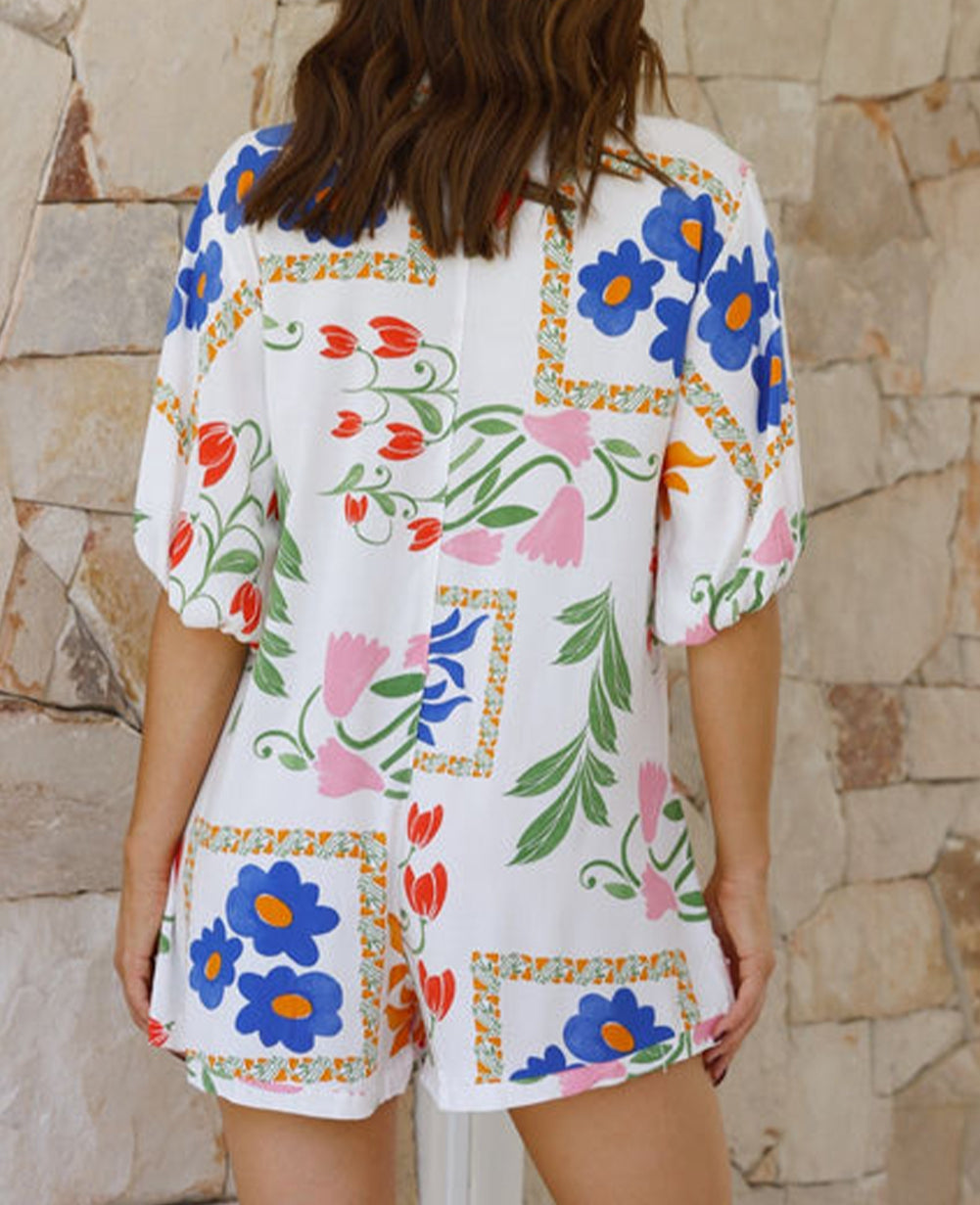 Floral Print Split Neck Pocketed Shirt Collar Romper