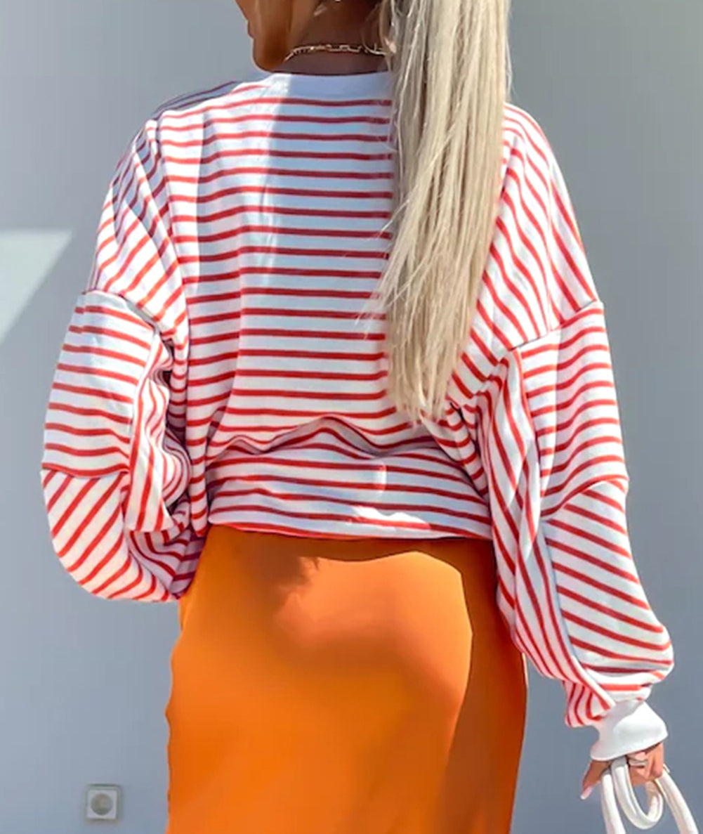 Stripe Drop Shoulder Crew Neck Loose Sweatshirt