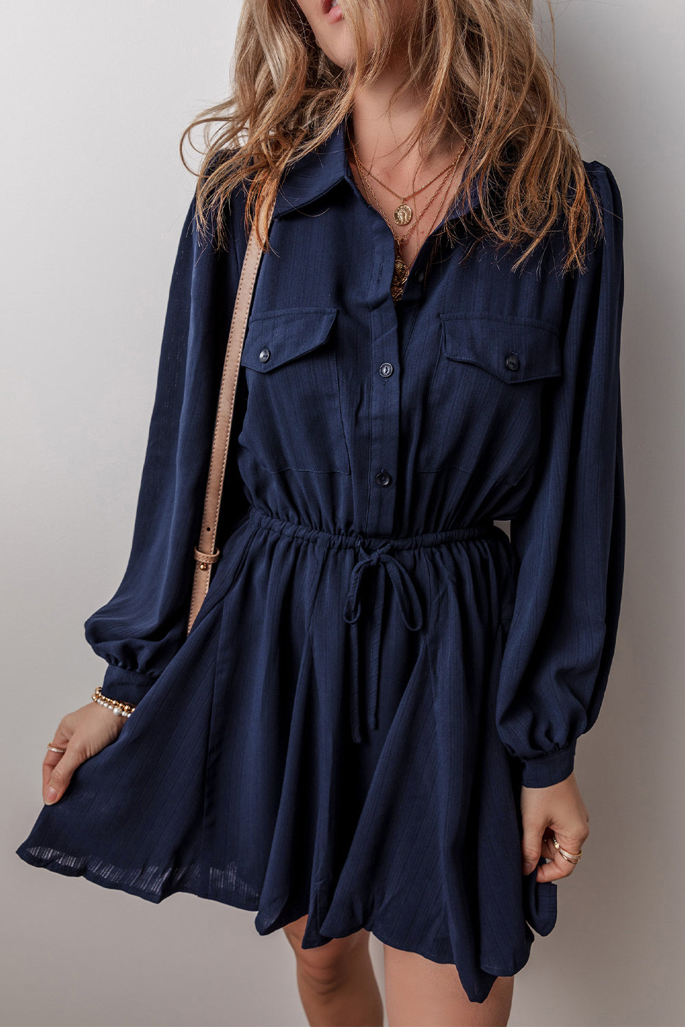 Solid Chest Pockets Tunic Shirt Mini Dress