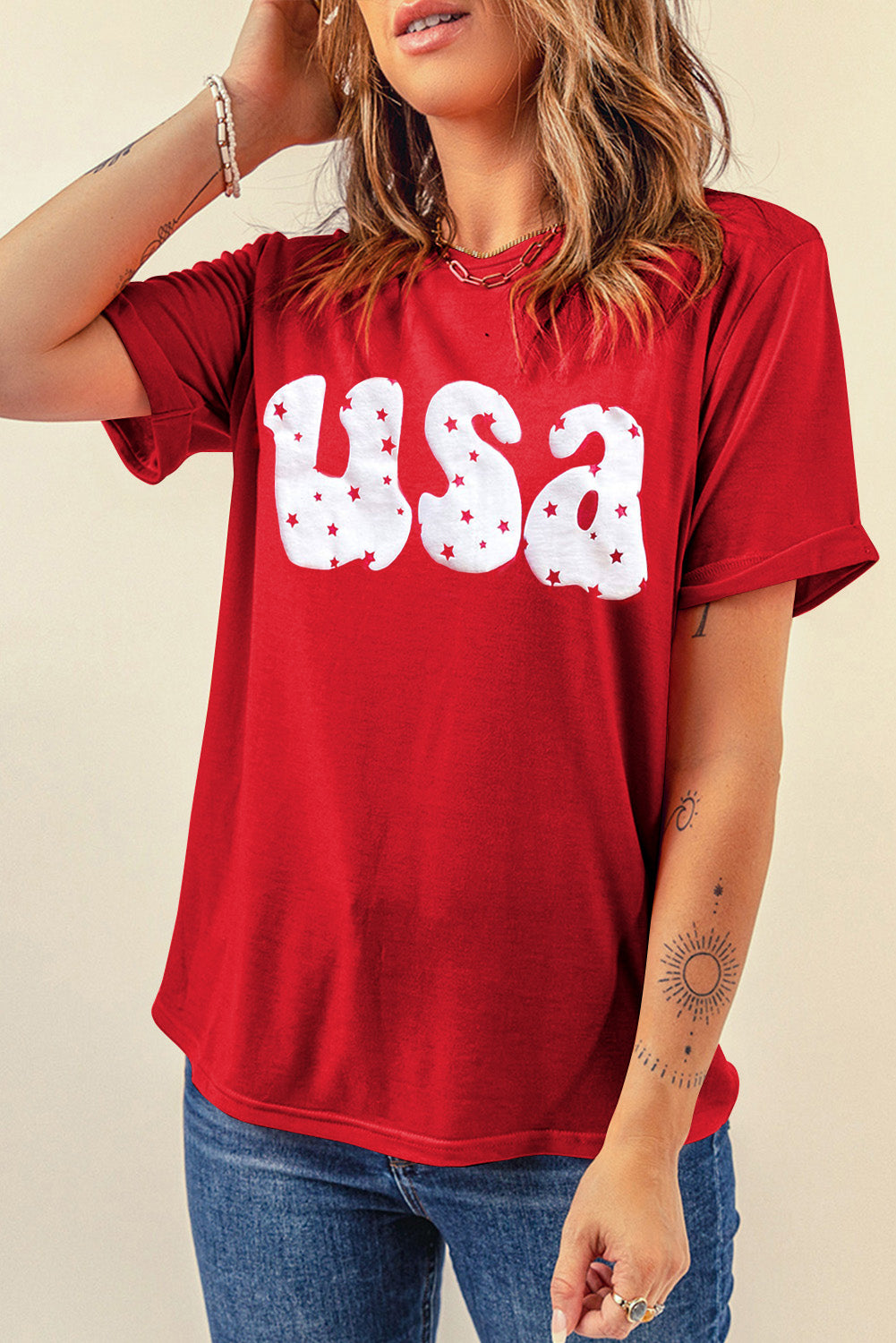 USA Stars Print Round Neck Casual Tee