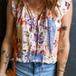 Floral Print Split V Neck Lace Trim Cap Sleeve Blouse