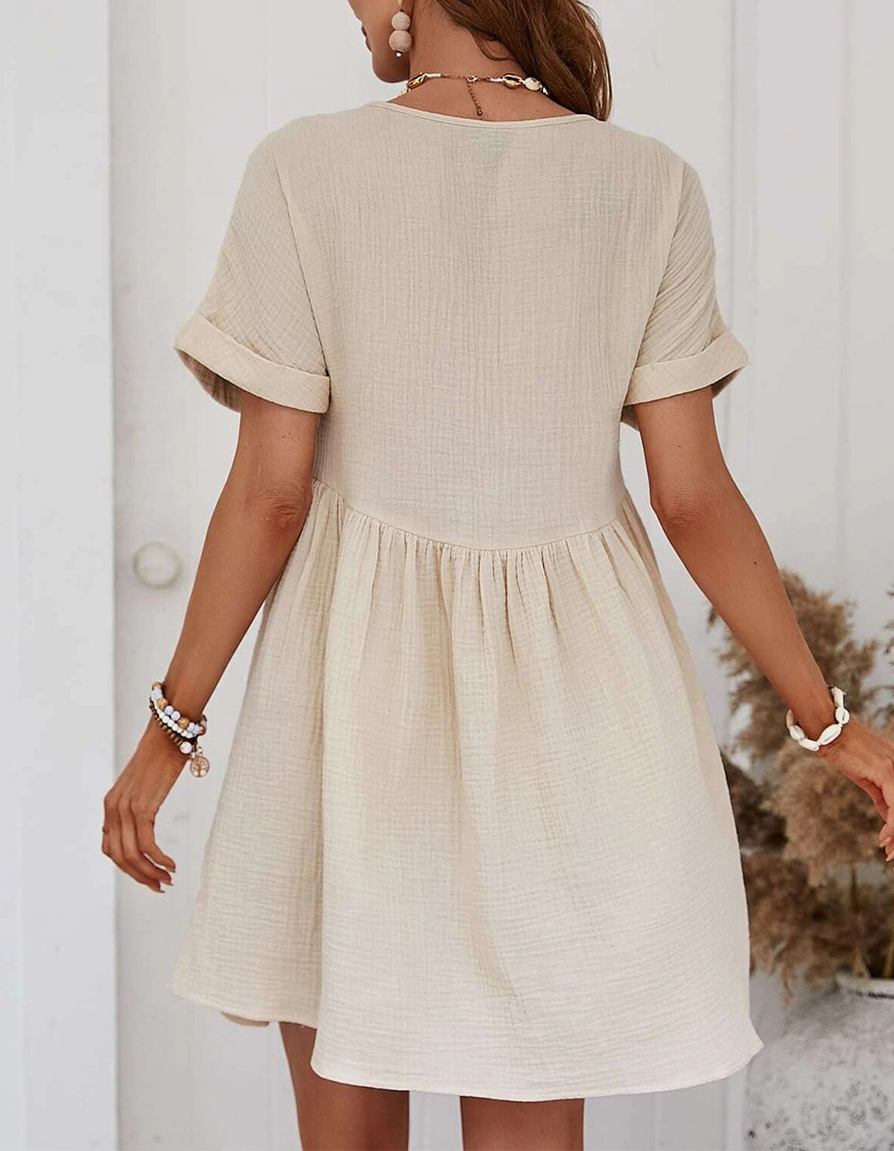 Folded Short Sleeve Lace V Neck Mini Dress