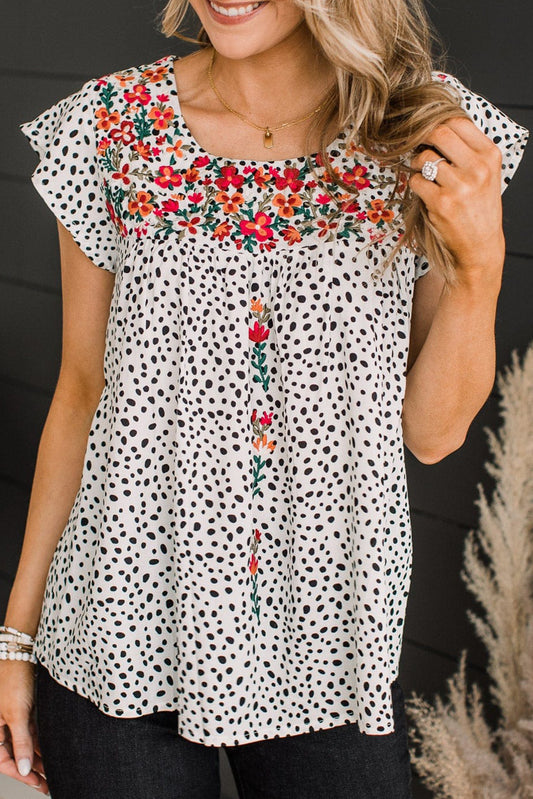 Floral Embroidery Square Neck Flutter Sleeve Blouse