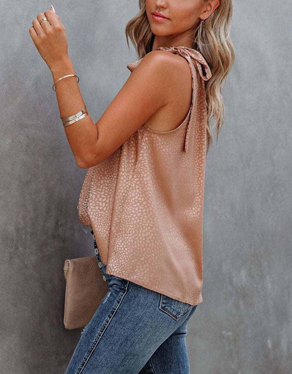 Sleeveless Tie Mock Neck Leopard Tank Top