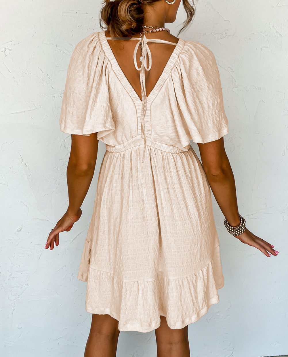 Textured Deep V Neck Cutout Back Mini Dress