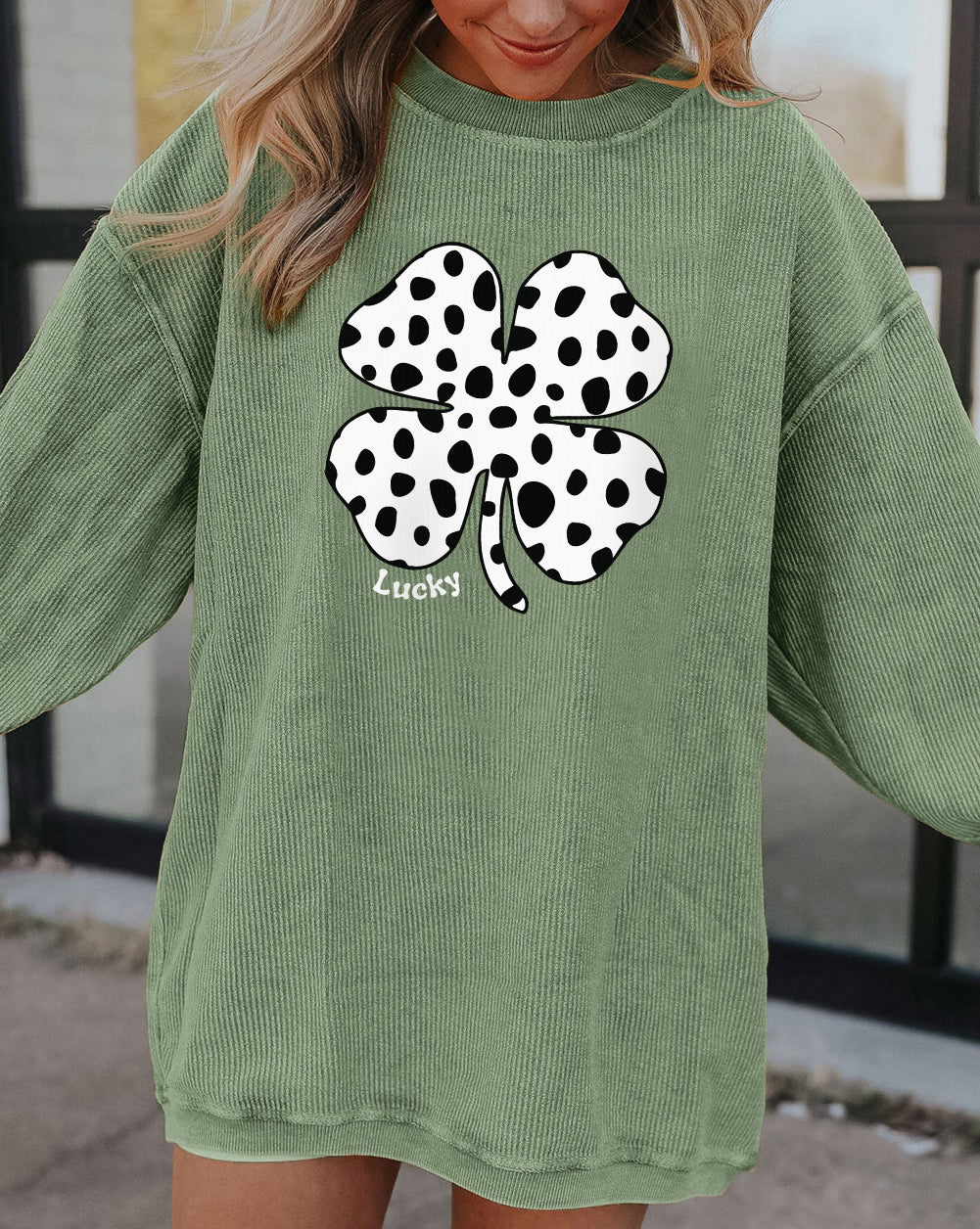 Western Cow Clover Print Crewneck Corded Sweatshirt